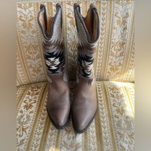 Frye Brown Leather Western Boots with Patterned Shaft